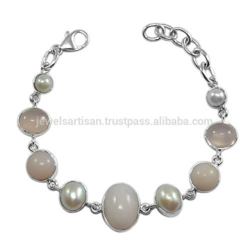 Pearl Rose Quartz & Pink Opal Natural Gemstone com 925 Silver Link Bracelet para todos